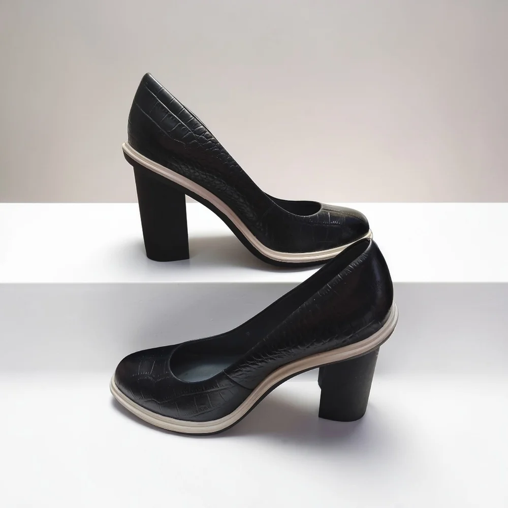 Sz 37 EU Black United Nude Platform Base Pumps Leather Croc-embossed